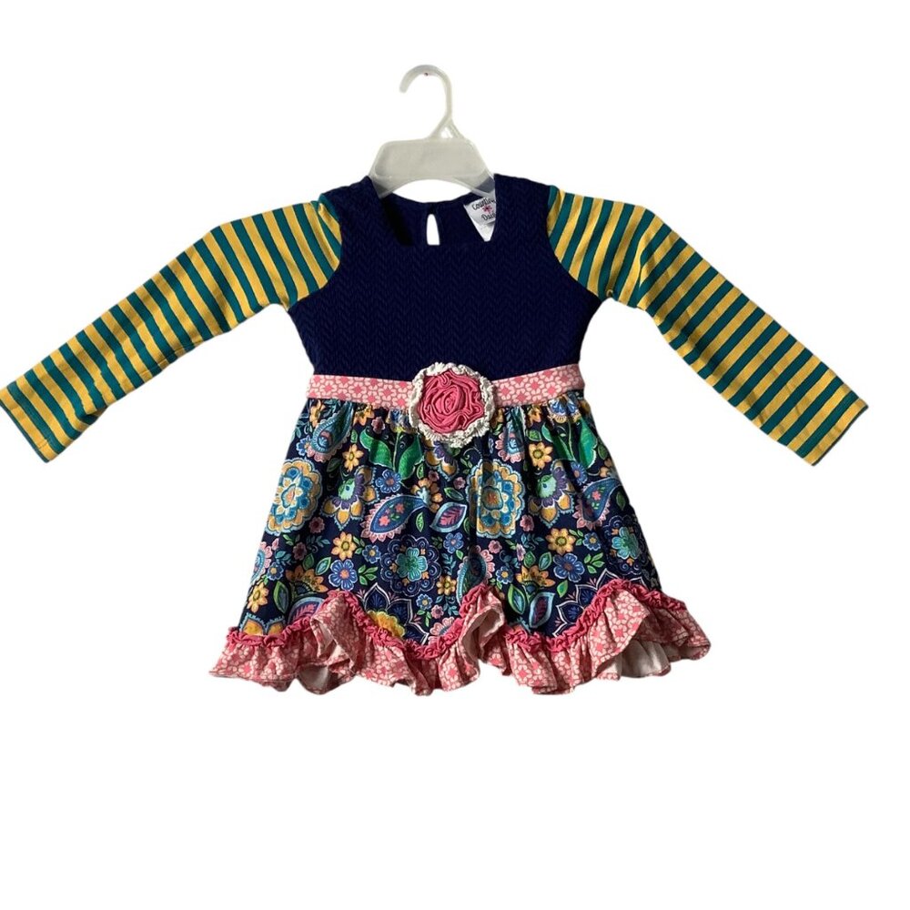 Counting Daisies Floral Dress Striped Sleeves Rose‎ Waist Detail Girl Size 6